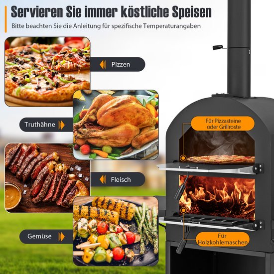 COSTWAY Outdoor pizzaoven, houtgestookte pizzaoven met wielen, afdekking, 30,5 cm pizzasteen, pizzaschep, grillrooster, thermometer, houtoven met opbergruimte voor BBQ, camping [Energieklasse A+] — afbeelding 5