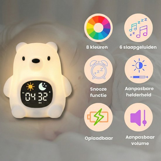 Luvonic® - Slaaptrainer - Kinderwekker - Nachtlamp en Wekker - Kindvriendelijke Slaapwekker - Slaaptrainer met Led en Geluid - White Noise - 8 Verschillende Kleuren - Kind/Peuter/Kleuter - Beer van Luvonic — afbeelding 4