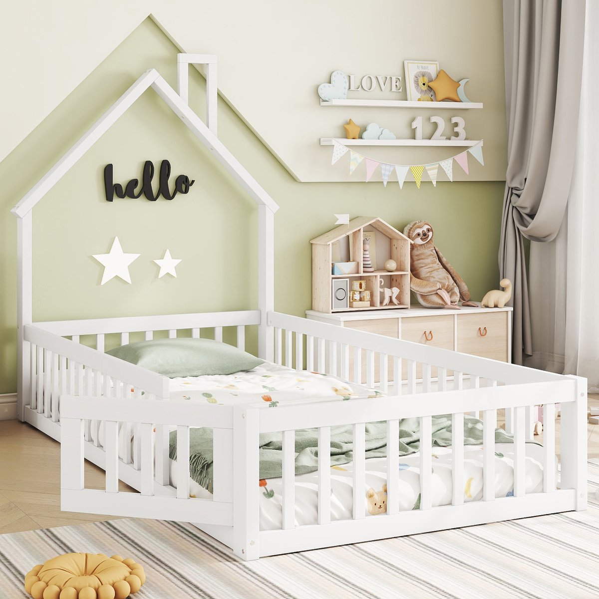 Kinderbed - 90x200 cm - Huisvorm met Schoorsteen - Met Lattenbodem - Grenenhout - Wit