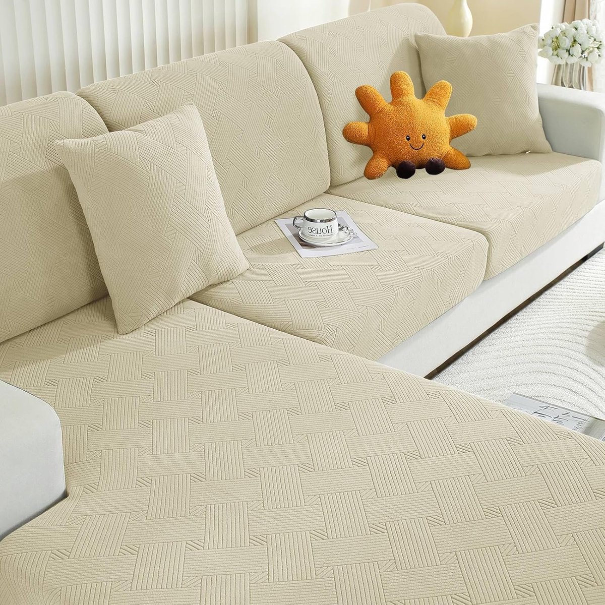 Famanu Elastische Sofa Stoelhoes - Universele Sofa Kussenhoes - Sofa Zitkussen Hoezen - Hoes Voor Bankkussens - Sofa Kussenhoezen - Sofahoezen Meubelbeschermer Hond (2 Plaatsen - Beige)