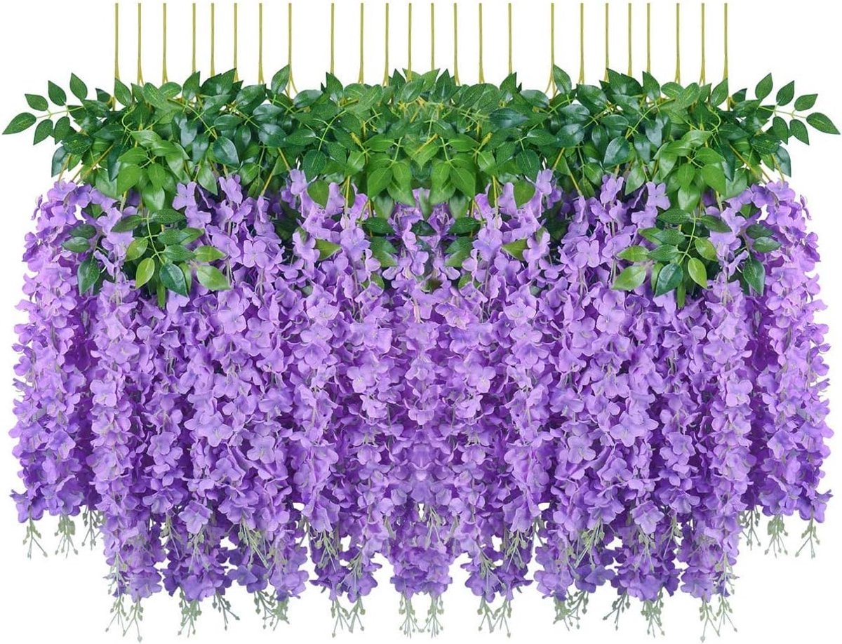 Famanu Kunstbloemen - 24 Stuks - wisteria slinger - zijde bloemen voor woondecoratie - bruiloften - thuis - tuin - feestje paars