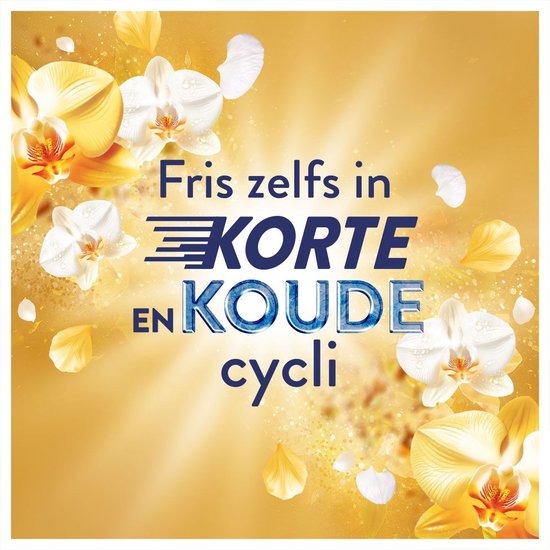 Fond doré avec motif floral et plumes. "Rafraîchit même en cycles courts et froids"