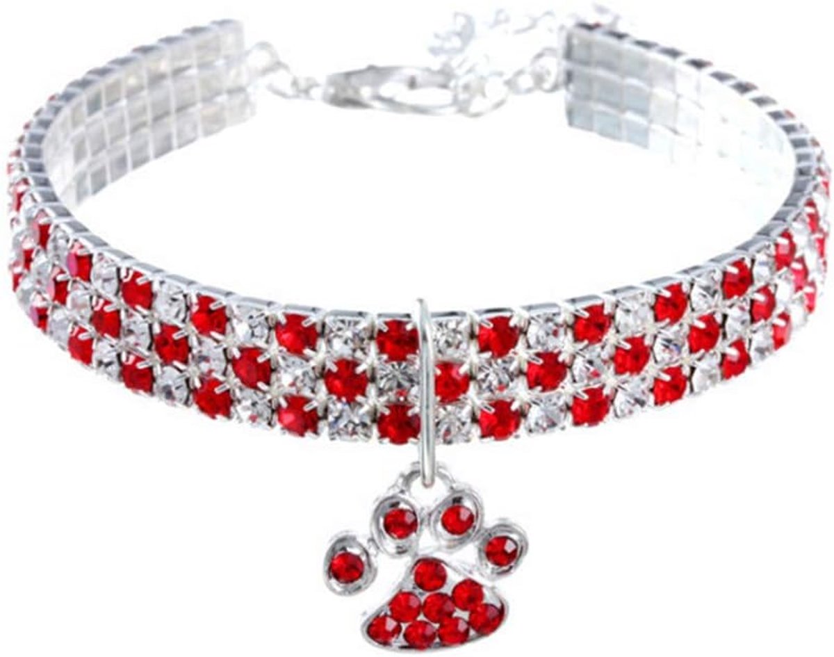 Huisdierhalsband met diamanten, verstelbare kristallen diamant, elastische hartvormige klauw hanger, bruiloft kat en hond, kleine huisdier ketting sieraden（Rood, M）