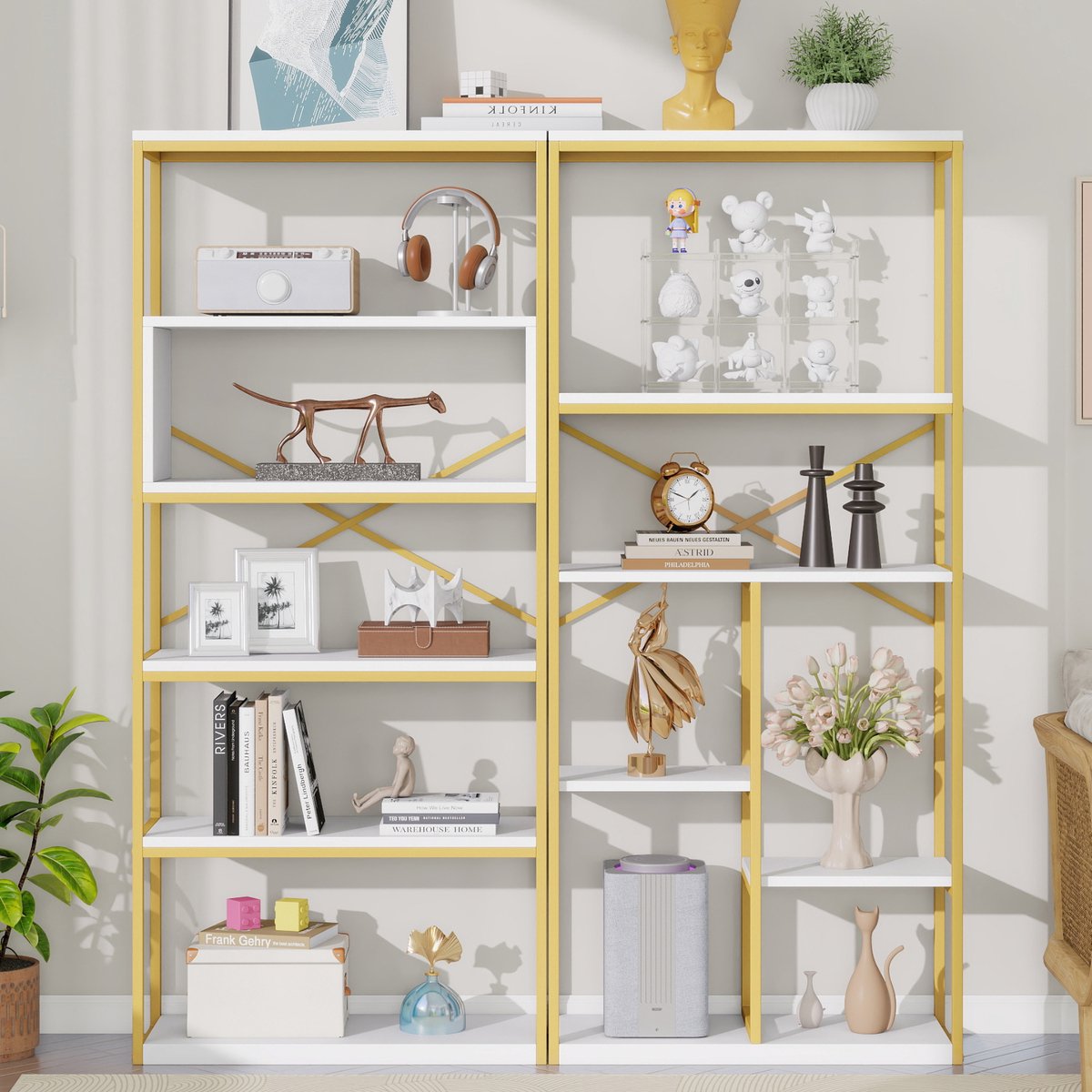Sweiko Opbergrek - Displayunit - Minimalistische stijl - Stalen buizen + MDF - 160 x 29,5 x 180 cm - Goud + Wit