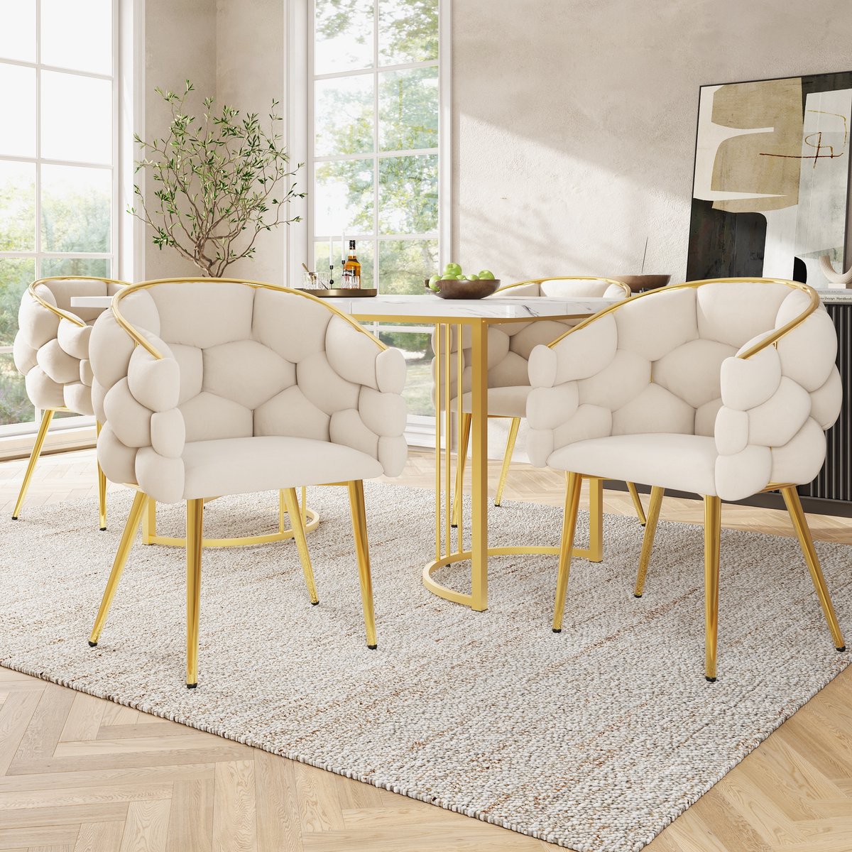 MODFU Eetkamerstoel set van 2, velvet bekleed, metalen poten in goudkleur, beige