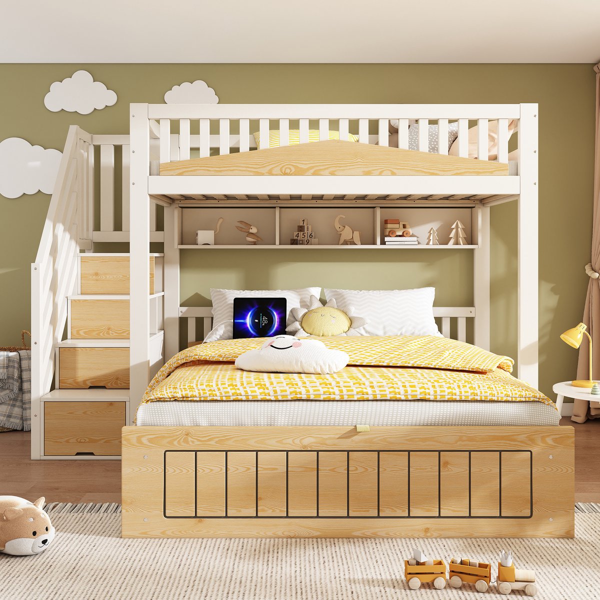 Merax Stapelbed 90x200 cm en 140x200 cm - kinderbed met opbergruimte - trapkast en USB-C aansluiting - wit en houtkleurig - zonder matras