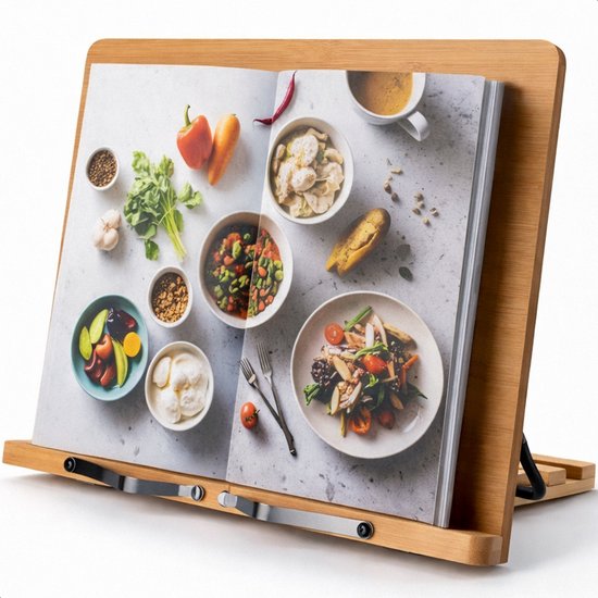 Foto: Kookboek en tablet standaard verstelbaar met klemmen boeken steun standaard rek houder book steunen metaal hout bamboe lees rekje luft