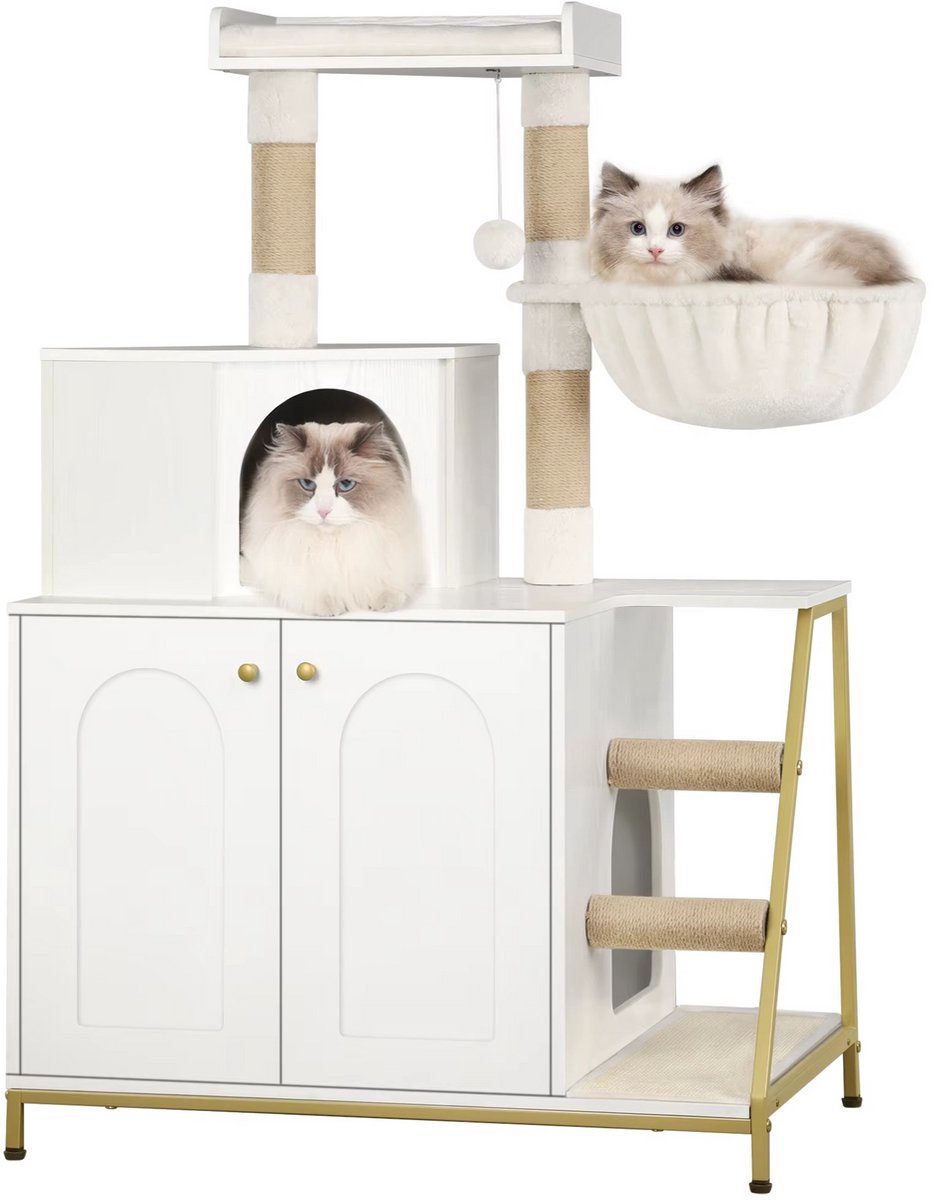 Naiz - Kattenbak - Met krabpaal - 4 in 1 - 50 x 80 x 121 cm - Beige/Grijs