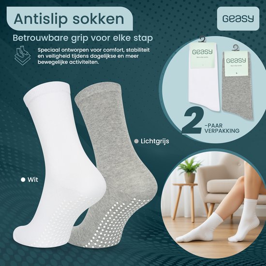 Witte en grijze antislip sokken met stippen op de zool. Verpakkingsinfo.