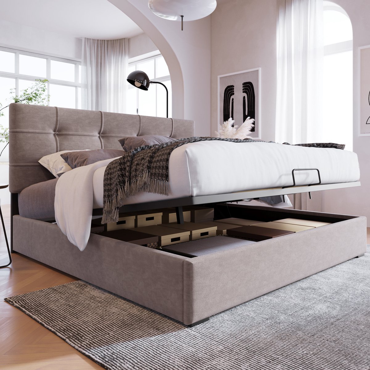 MODFU - Bedframe 140x200 cm – Lichtgrijs fluweel met verstelbaar hoofdbord & hydraulisch