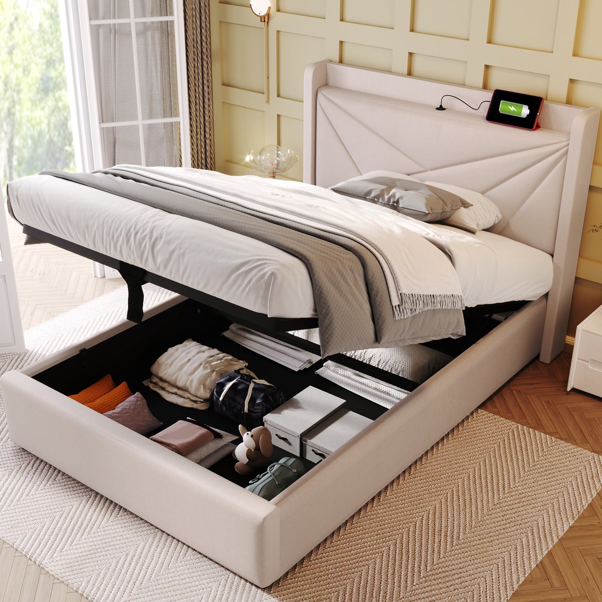 MODFU Bedframe 90x200 cm – Beige katoen-linnen met geometrisch hoofdbord – Hydraulisch – Incl. matras