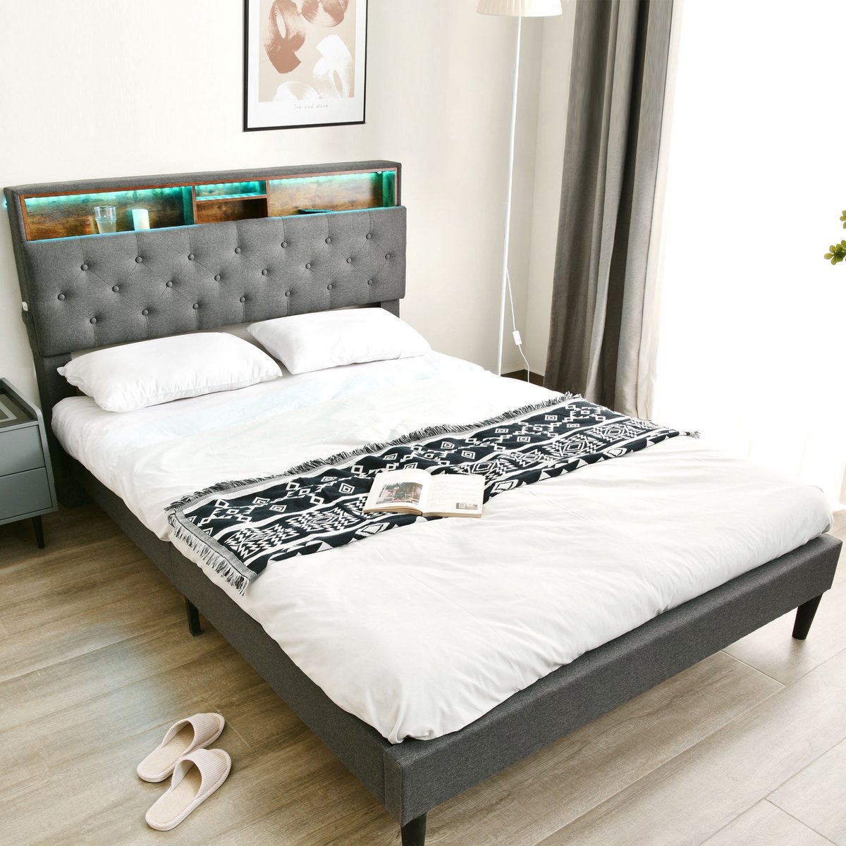 MODFU Bedframe 140x200 cm – Grijs linnen met opberghoofdbord & LED – Incl. matras