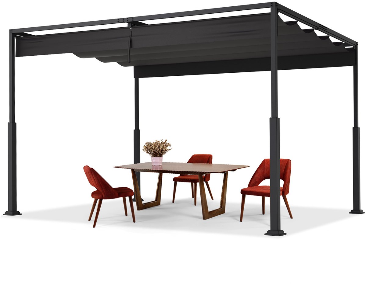 Aufun Pergola Met Uitklapbaar Dak- 3 x 4 m - zwart - metalen terrasoverkapping met schuifdak - frame van staal - dak van PA-gecoat polyester
