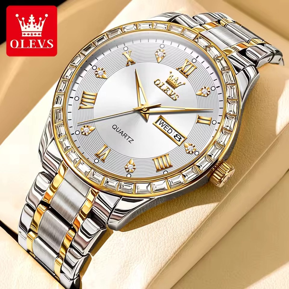 HO-9906.gz-gz : Olevs goud-zilverkl quartz heren horloge, zirkonia