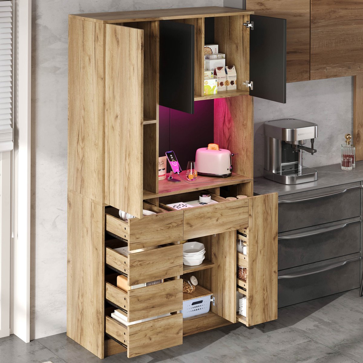 STILVORA Keukenkast - Hoge Opbergkast Met Ledverlichting En Uittrekbaar Kruidenrek - Met Stopcontact - MDF - Zwart;Natuurlijk - 185x105x40 Cm