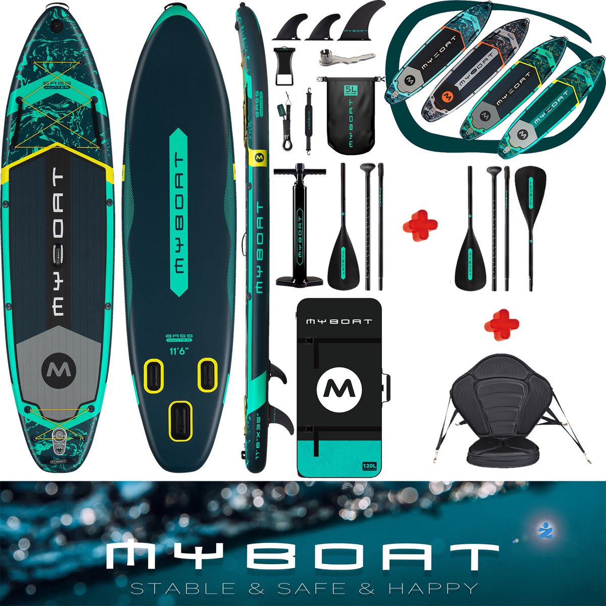 Luxe zeer complete set | BassHunter Kajak Peddel Board | 350cm lang MyBoat SUP Board Set met 5cm hoog stevig zitje plus tweede extra 4 delige peddel voor kano ervaring | 2 personen | Samen Stand Up peddelen | 168 Kg belastbaar gewicht | kajakken