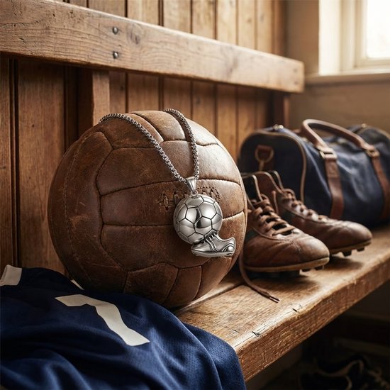 Zilverkleurige voetbal- en schoenhanger aan een schakelketting, naast een vintage voetbal, leren schoenen en sporttassen.