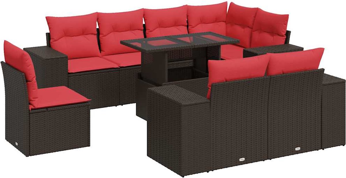 vidaXL 9-delige - Loungeset - met - kussens - poly - rattan - acacia - bruin