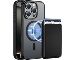 Hoesje met Pasjeshouder geschikt voor iPhone 16 Pro Hoesje - 2 Pack - Afneembare Magnetische Pasjeshouder - Vegan Leer - Geschikt voor Magsafe iPhone 16 pro - Sterk Slank en Stootbestendig - Doorzichtig - Mat Zwart