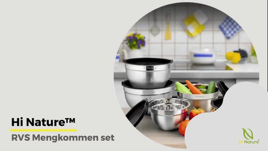 HI NATURE™ RVS Mengkommen set 6 met Luchtdichte Deksel - Roestvrijstalen kom - Kommen set | Patisseriekommen - Mixkom - Beslagkommen - Mengschalen - Bakspullen - Slakom - Saladekom | Beslagkom set - Vriezer & Vaatwasserbestendig