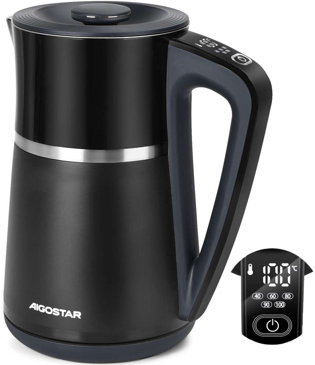 Aigostar Alva - Elektrisch Waterkoker - Met Temperatuurregeling - 1,7 Liter - Warmhoudfunctie - Dubbelwandig - voor Babyvoeding - 2200W - Zwart
