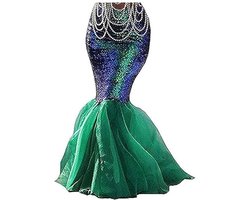 SANSIWU Women's Mermaid Tail Costume Sequins Maxi Skirt Metal Holographic Scales Print Slim Fit Mermaid Skirt with Pearl Chain for Cosplay Party