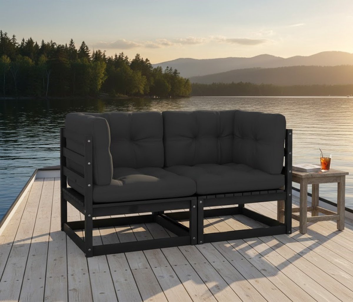 California Luxe Polyrotan Loungeset voor Tuin en Terras – Modern 4-Delige Buitenbank Set met Kussens – Weerbestendig, UV-Bestendig & Waterafstotend – Zwart/Grijs House&Garden