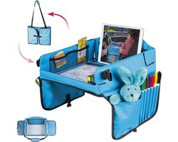 Aura® Reistafel voor Kinderen - Tablethouder – Inklapbare Autotafel – Speeltafel Auto Met Zijvakjes - Opvouwbare Reistafel - Auto Organizer Kinderen - Tekentafel Auto - Blauw - 41cm x 34cm x 3cm; 940 g
