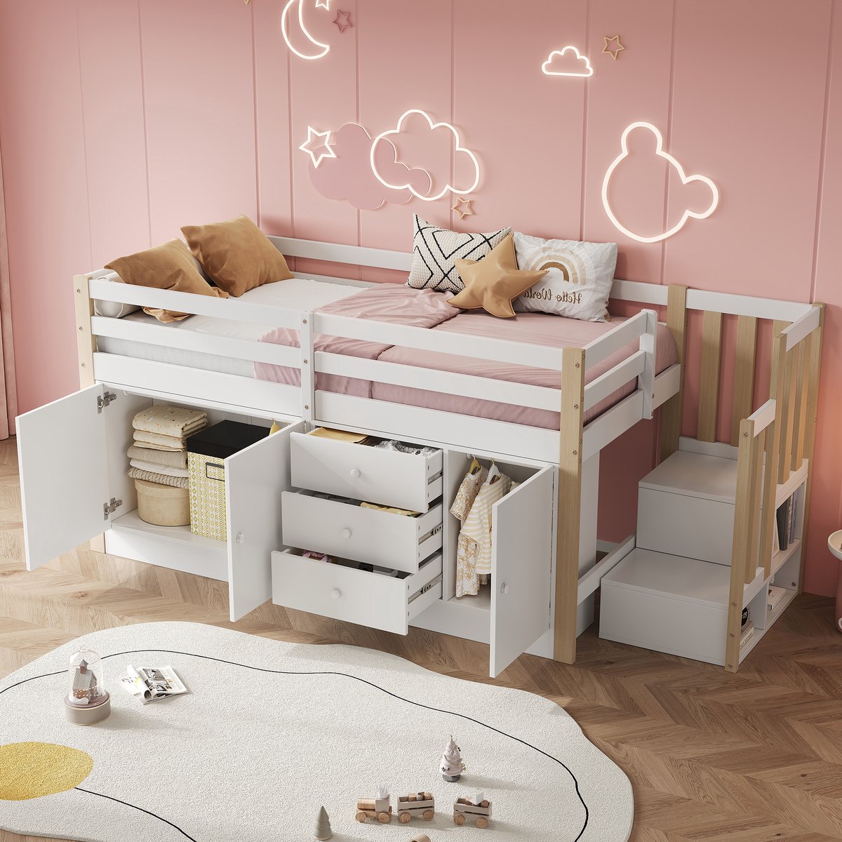Wishdor Hoogslaper 90x200 cm – Trap & Opbergruimte – 2 Kastjes & Kledingstang – Wit Hout – Compleet