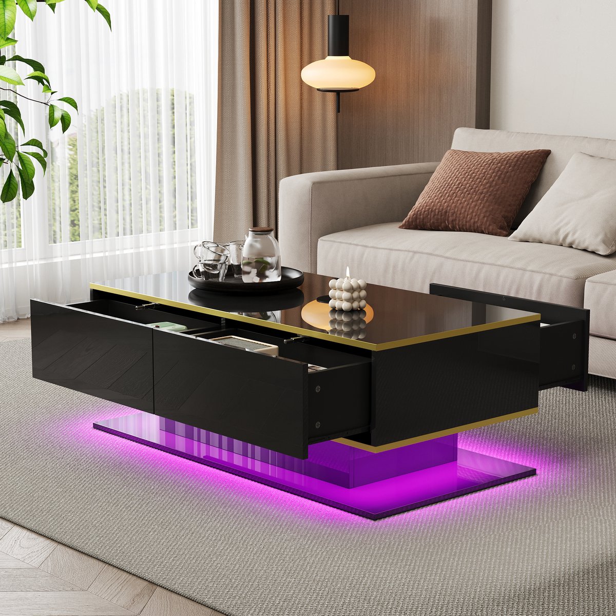 REDOM Salontafel 100x50x40 cm – Met 3 Laden, Open Vak En LED-Verlichting – Moderne Woonkamer Tafel Met Opbergruimte – Spaanplaat – Hoogglans Zwart Zwart+Goud