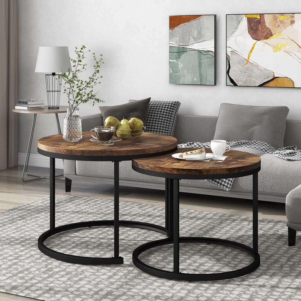 REDOM Salontafel set van 2, MDF met metalen frame, nestbaar rond ontwerp
