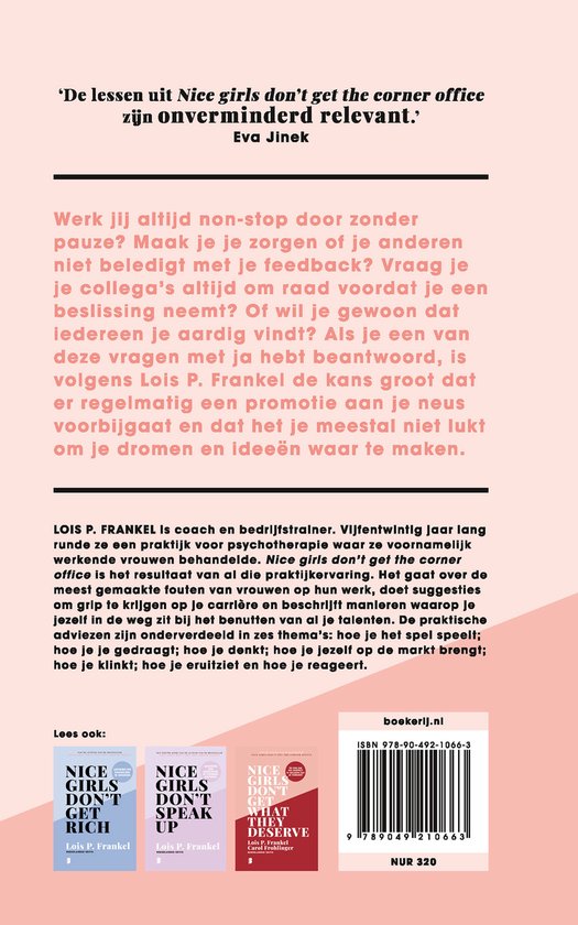Achterkant boek 'Nice girls don't get the corner office'. Bevat recensies, samenvatting en ISBN.
