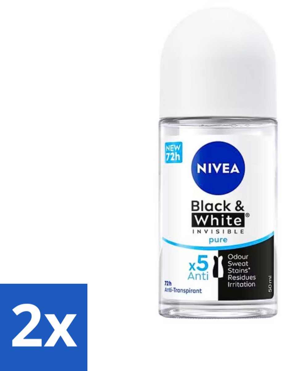 2 x Nivea - Deodorant - Roller - Black & White Invisible Pure - 50 ml - Anti-transpirant - Zweetbehandeling - Deodorant - 48 Uur Bescherming - Witte Strepen