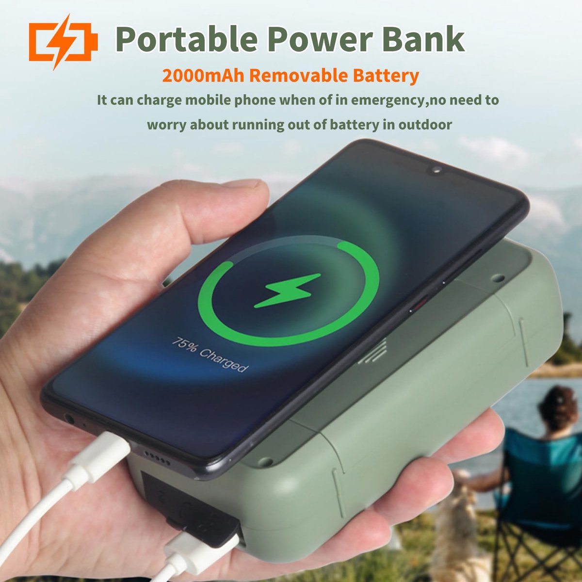 Noodradio op zonne-energie - Draagbare radio met handslinger - AM/FM-weerradio met 2000 mAh powerbank, SOS-alarm, zaklampdynamo - USB-oplader voor kamperen en wandelen in de buitenlucht – foto 5