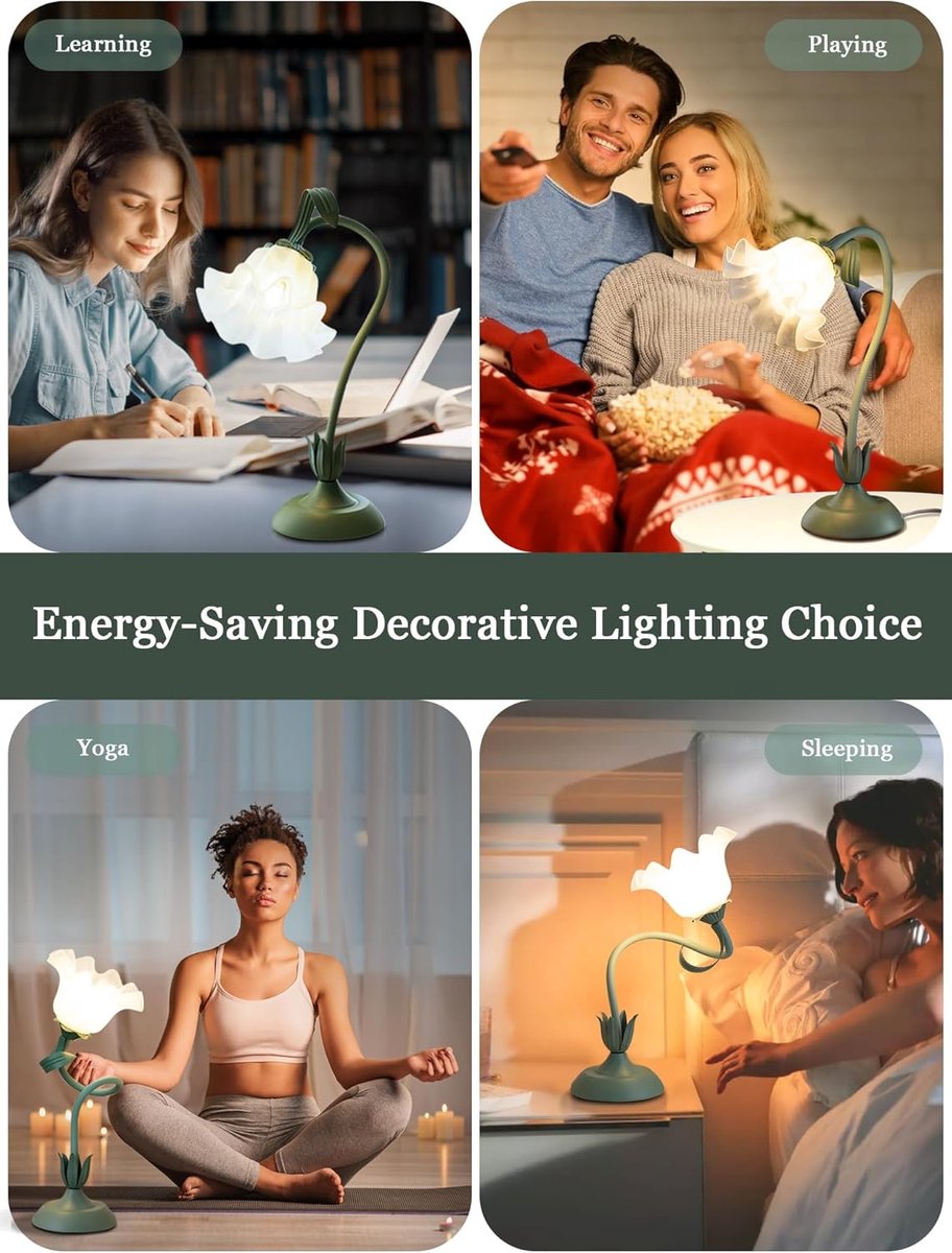 Bloemvormige tafellamp - LED leeslamp voor naast het bed, retro nachtlampje met bloemenmotief - 3 kleurstanden - Decoratie voor naast het bed - Verlichting voor woonkamer en slaapkamer, tafellamp, woondecoratie (groen) thumbnail 2