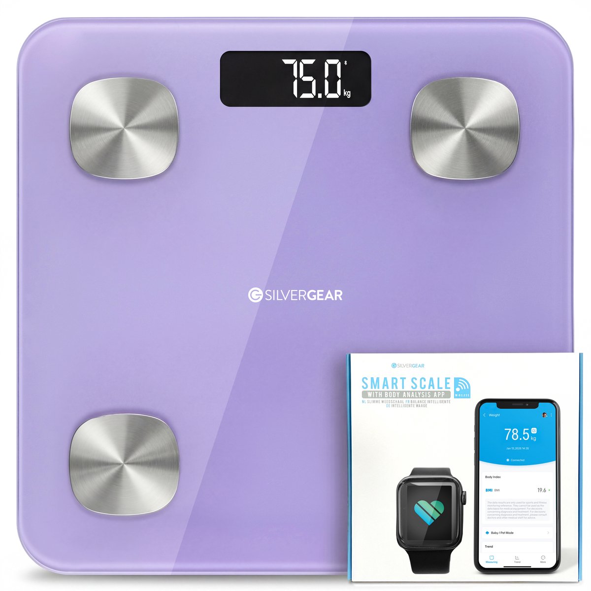 Bol.com Silvergear Weegschaal Personenweegschaal Digitaal - Slimme Weegschaal met Lichaamsanalyse - Paars aanbieding