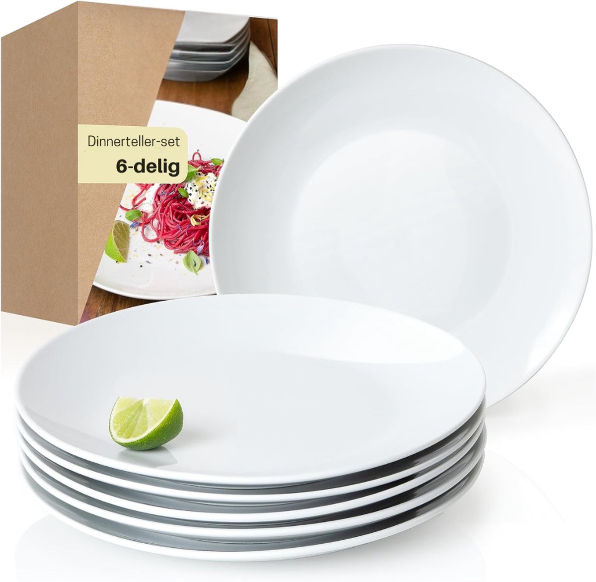 SNJY® Bordenset 6 Persoons - Serviesset 6 Persoons - Bordenset - Dinerborden Ø 27 cm - Wit