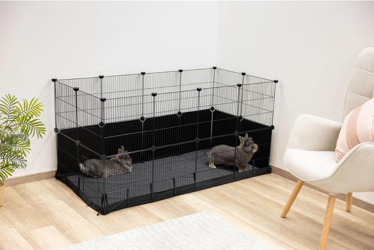 Aura® Konijnenhok Binnen - Konijnenhok Met 2 Etages - Konijnenren - Zwart- 144cm x 72cm x 72cm