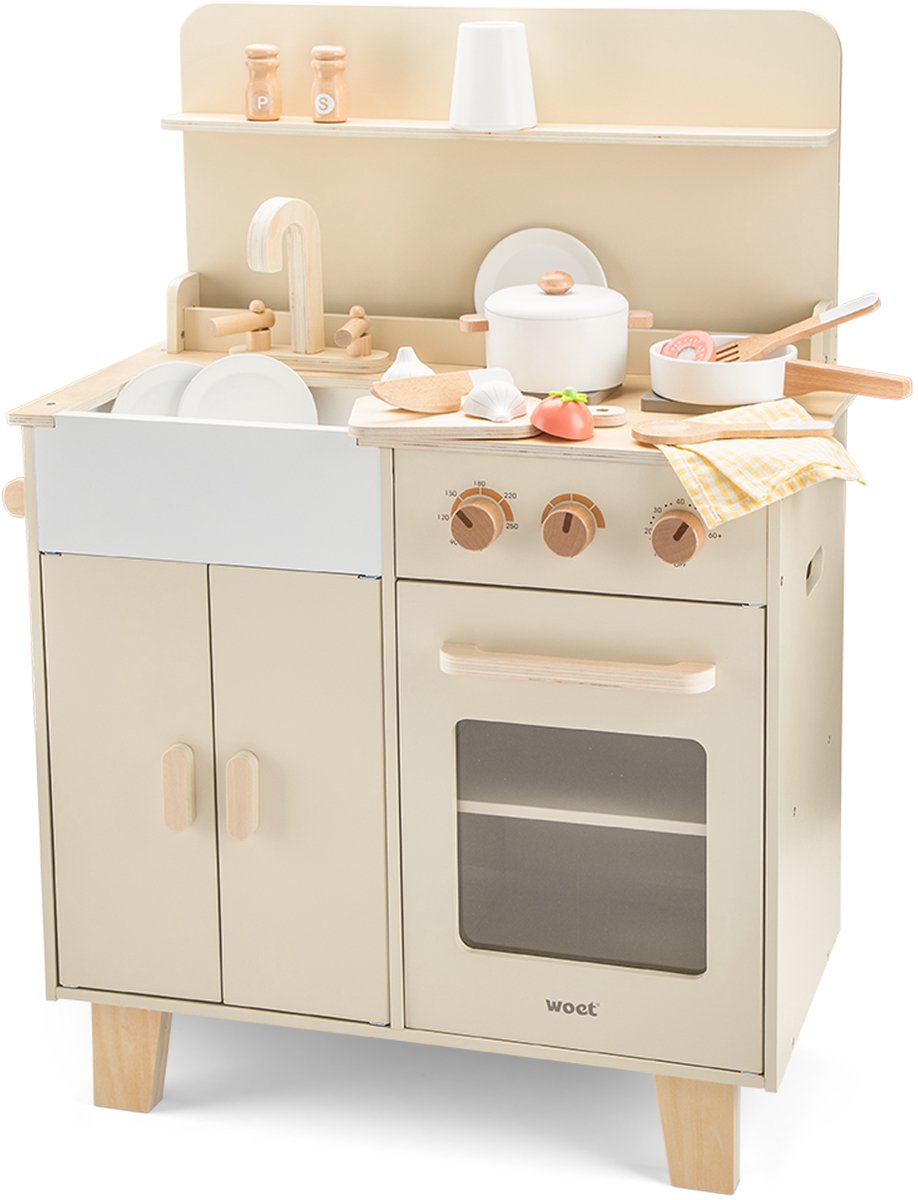 Woet® Houten Speelgoed Kinderkeuken Beige - Speelkeukentje met Pannen, Servies, Groente en Snijplank - Houten Speelkeuken - Werkbladhoogte 55 cm - Rollenspel - Vanaf 3 Jaar — afbeelding 7