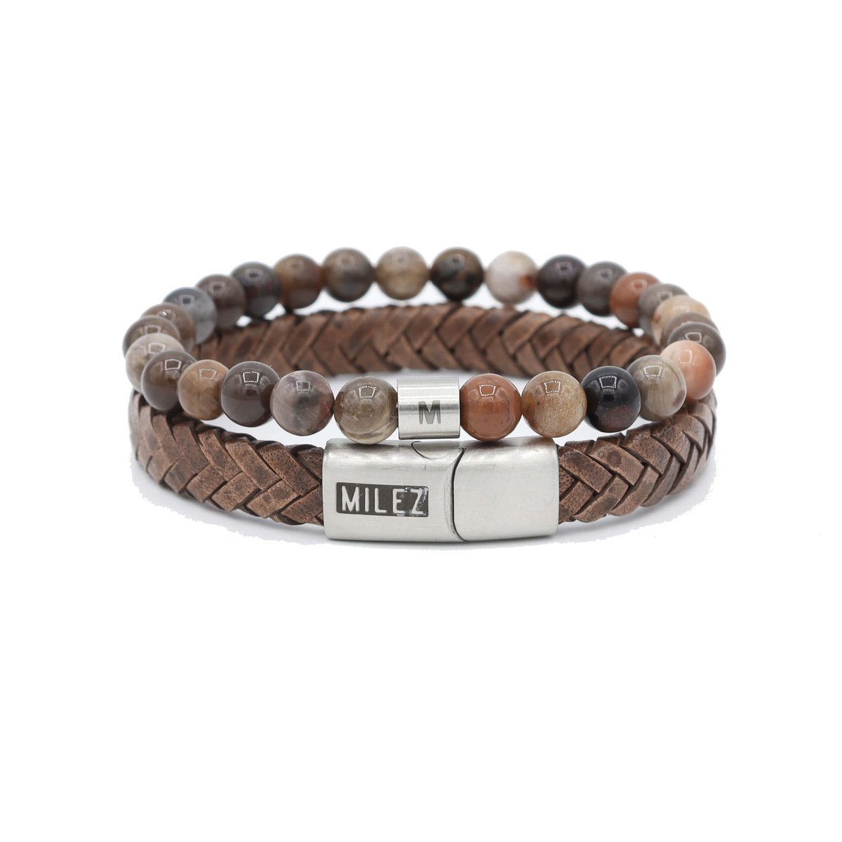 Milez - Armband set dames - armband dames leer kralen - Bruin-Zilver - Maat S