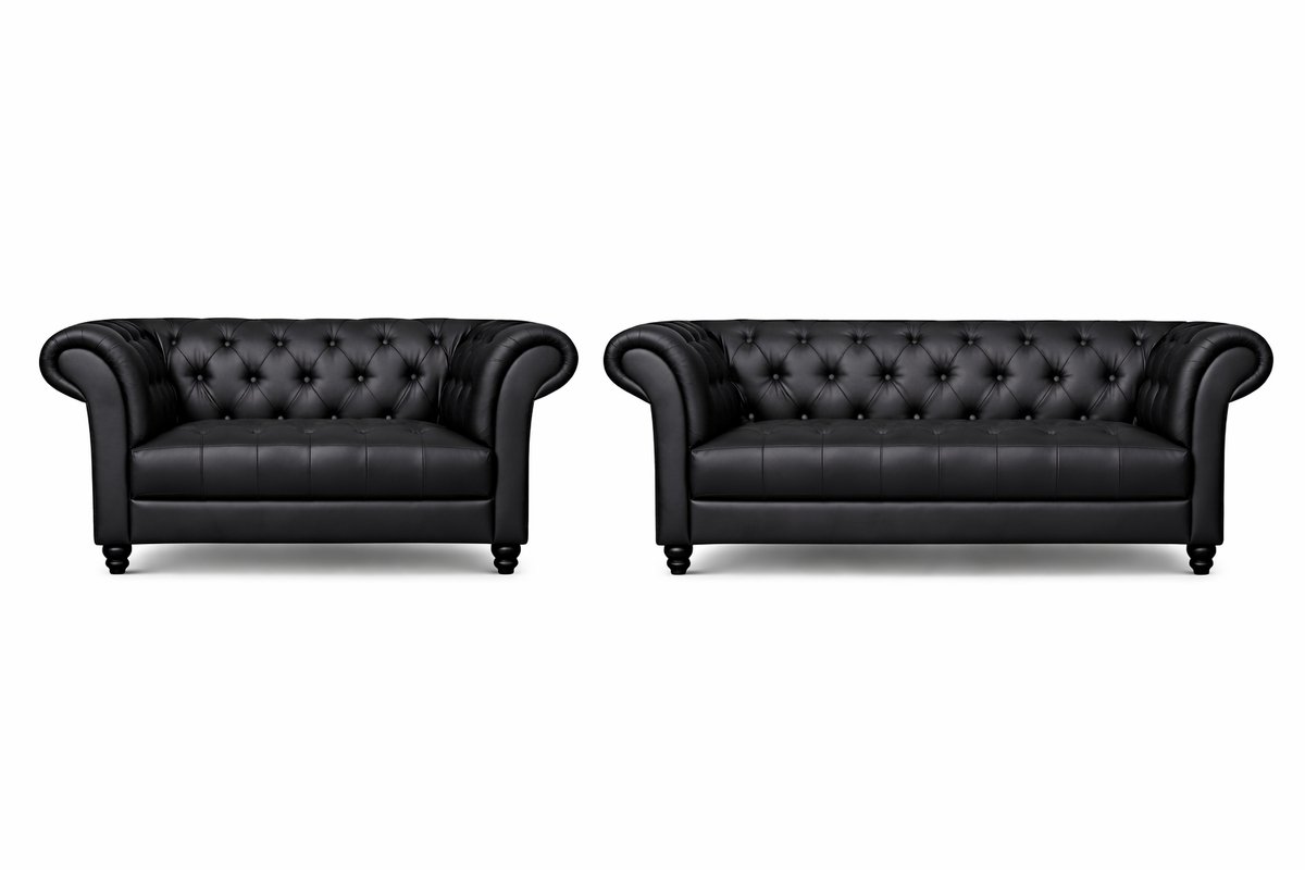 Chesterfield Banken Set 2 & 3 Zits - Curve Armleuningen - Zwart - Chesterfield - Sofa - Bankstel