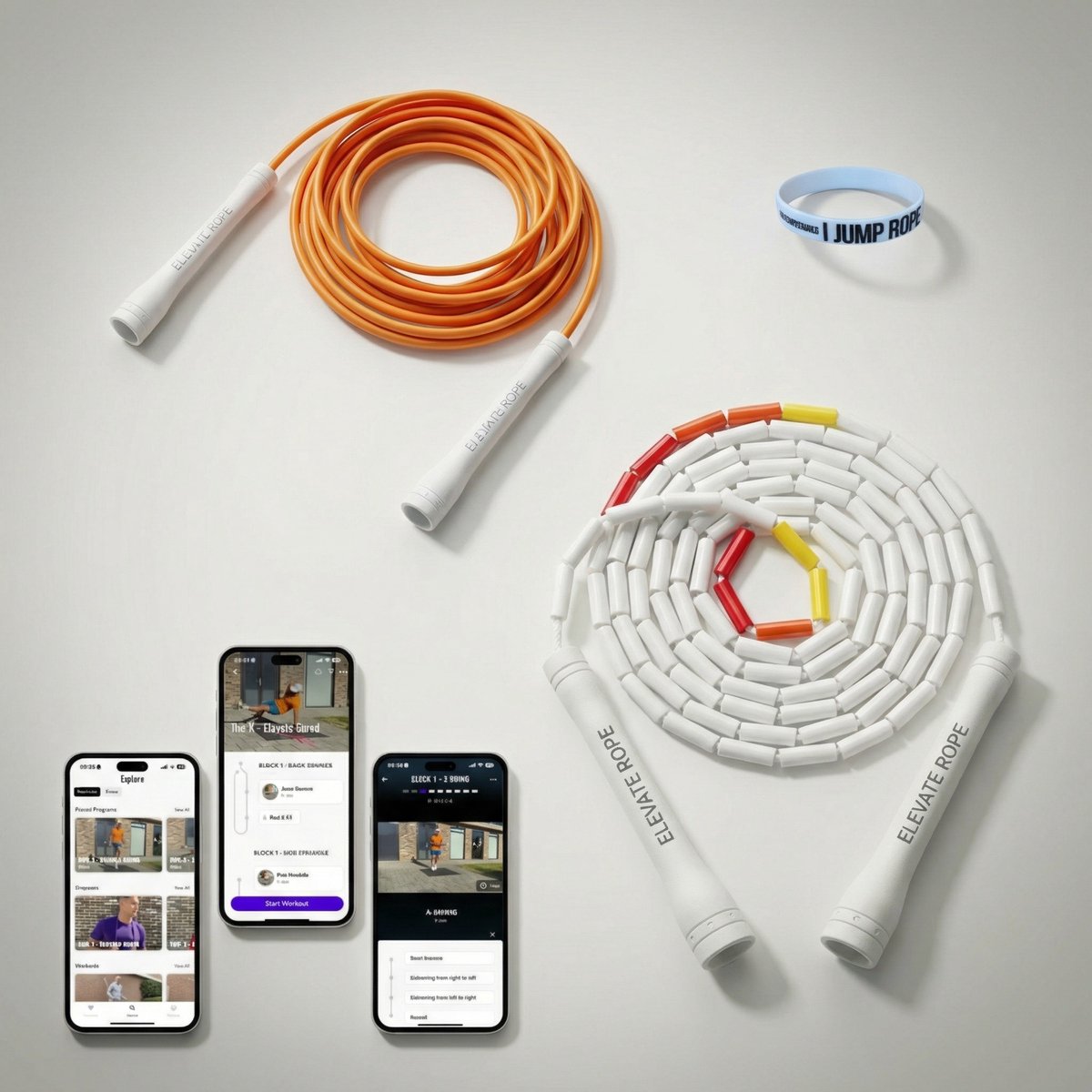 Elevate Rope - Springtouw Bundel Met Workout App (Oranje) - 2 x Verstelbare Jump Rope - Springtouwen voor Volwassenen en kinderen - Speed Rope + Beaded Rope - Conditie, Kracht & Trucs - Binnen & Buiten Skipping Rope - Fitness Springtouwset