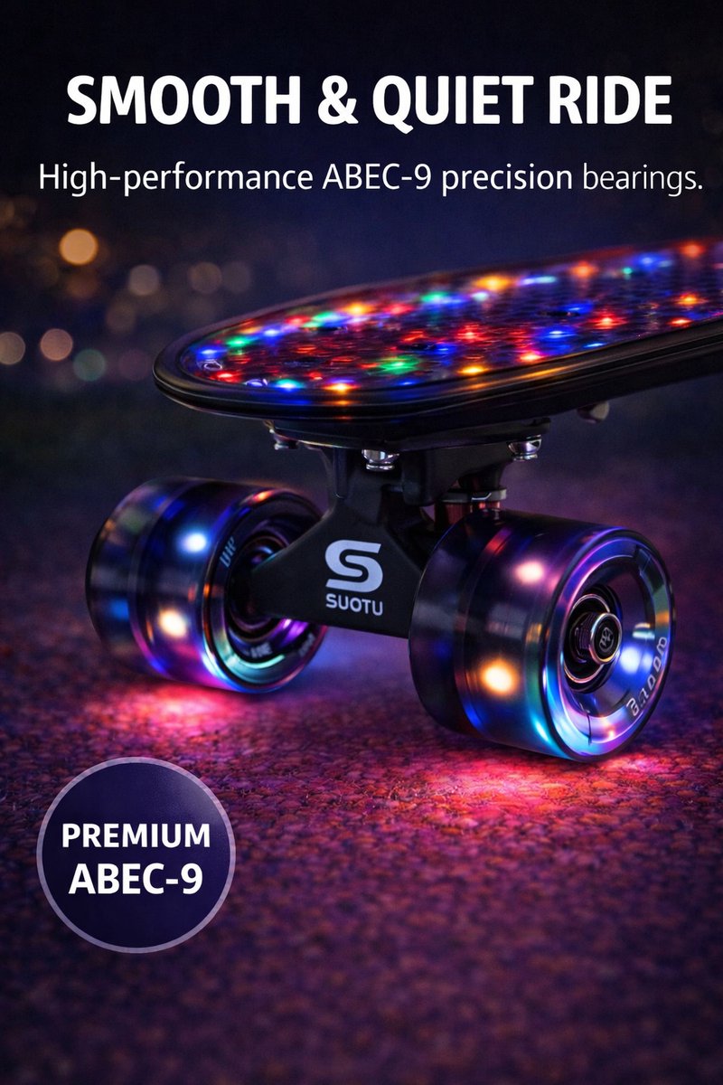 Suotu Skateboard met LED Lichtgevend Dek & Wielen - ABEC-9 - Tot 50 kg - Skateboard Meisjes/jongens - Skateboard Volwassenen -Flitszwart — afbeelding 5
