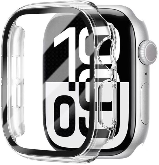 Transparante Apple Watch case met zilverkleurige kroon en band.