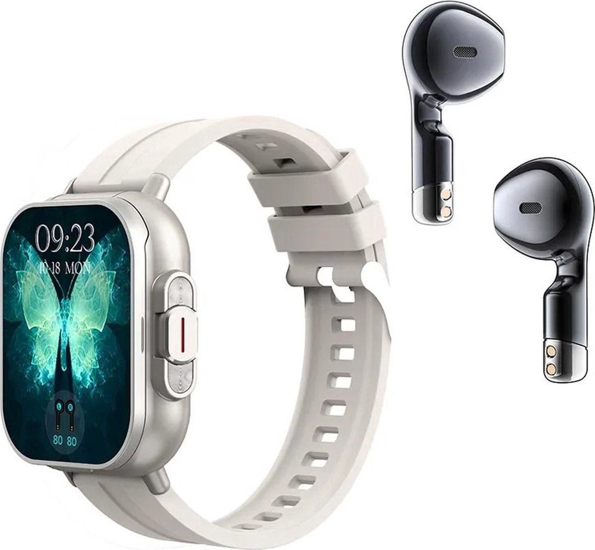 DrPhone DualX Duo2 - Smartwatch met Ingebouwde Oordoppen - Bluetooth 5, NFC, Gezondheidsmonitoring & Automatisch Opladen - Wit