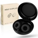 Verpakking en open bewaarcase met zwarte oordopjes. De tekst op de verpakking luidt "HOLY EARPLUGS".