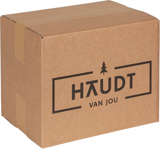 Bruine kartonnen doos met het logo 'HAUDT VAN JOU' erop.