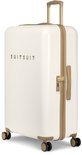 Witte koffer met gouden rits, handvat, slot en wielen.