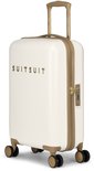 Witte handbagage koffer met gouden rits, handvat, slot en wielen.