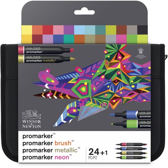 Zwarte etui met 24+1 Promarkers: Brush, Metallic en Neon in verschillende kleuren, met een kleurrijke drakenillustratie.